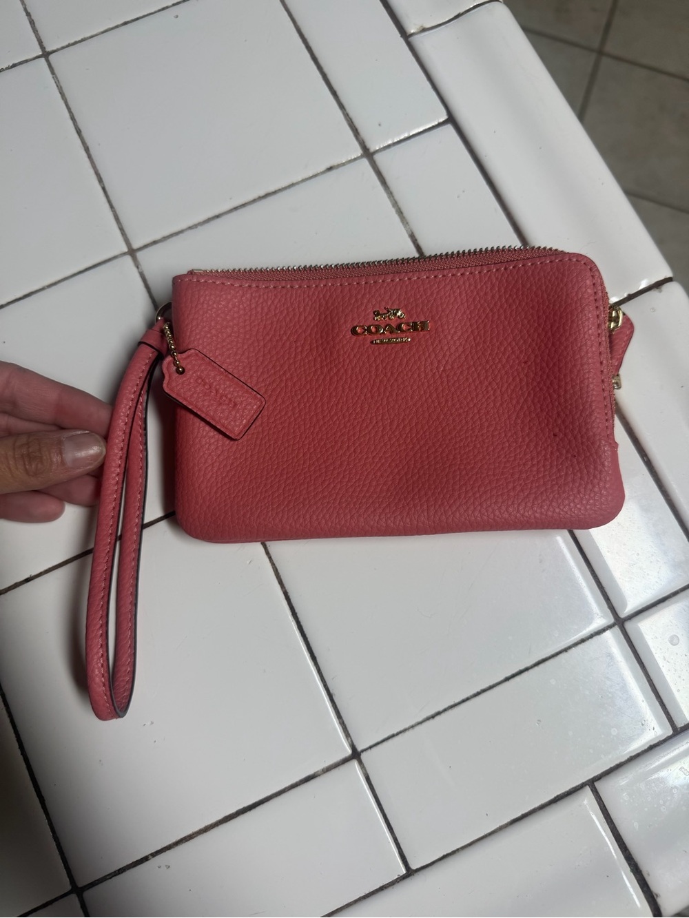 Coach Coral Pink Pebbled Leather Wristlet